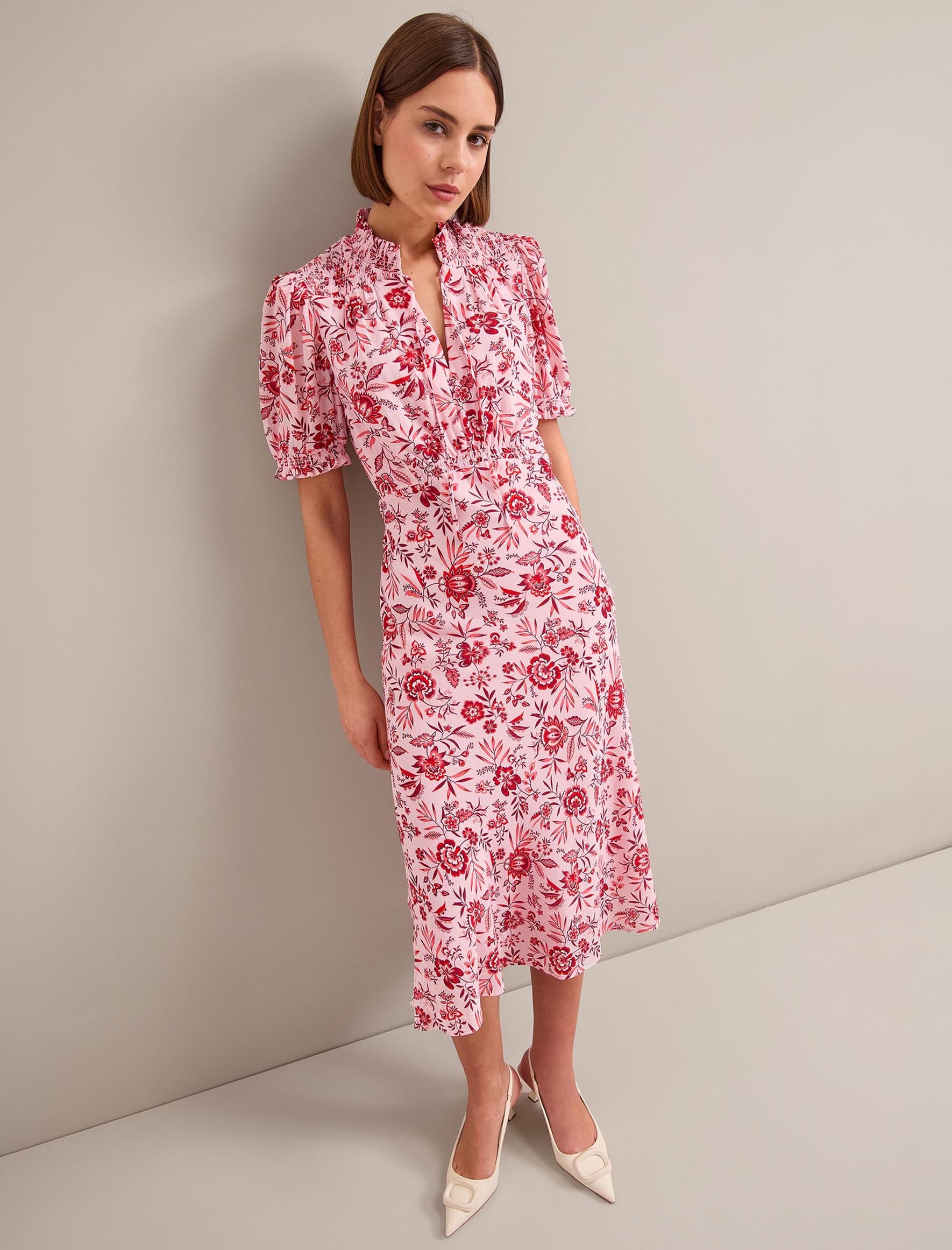 Irina Cotton Blend Midi Dress - Pink Palm Floral Print