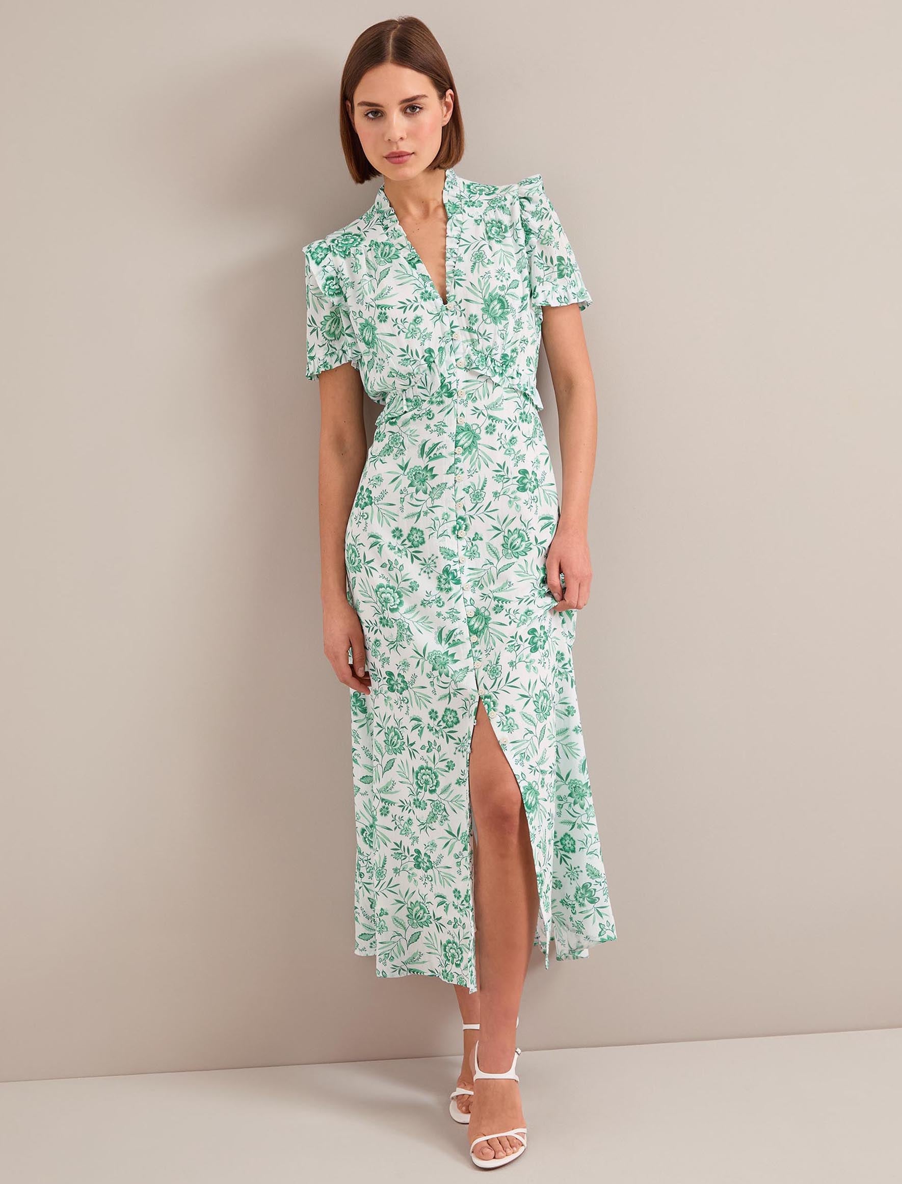 Liliana Cotton Blend Maxi Dress - Green Palm Floral Print